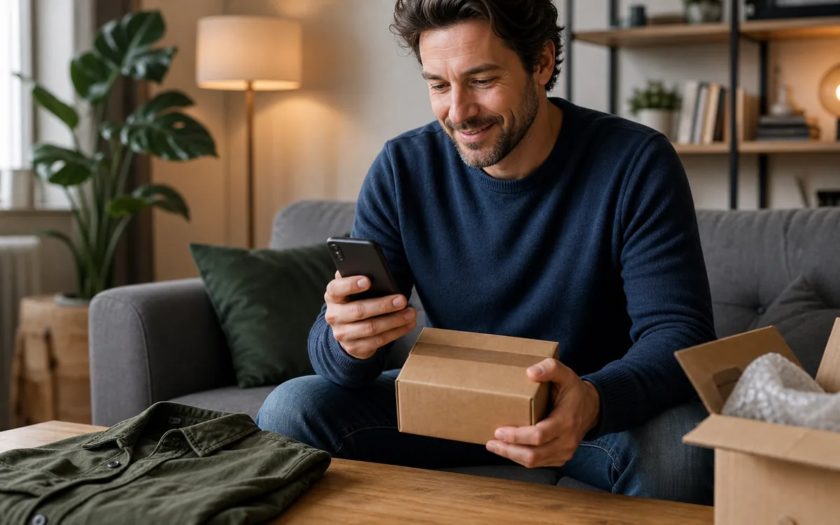 Gelegenheits-Verkäufer prüft ein Paket und sein Smartphone